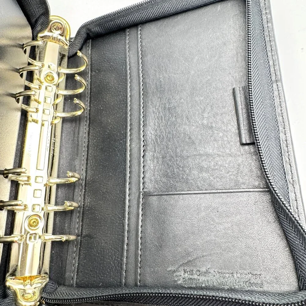 Franklin Quest Vtg Black Full Grain Leather Pocket Page Siz 6 Ring Zip Binder